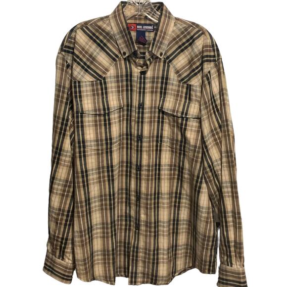 Men's REEL LEGENDS Sz L Plaid Shirt Brown Tan Cotton Western Fishing Line Dance - Picture 1 of 8